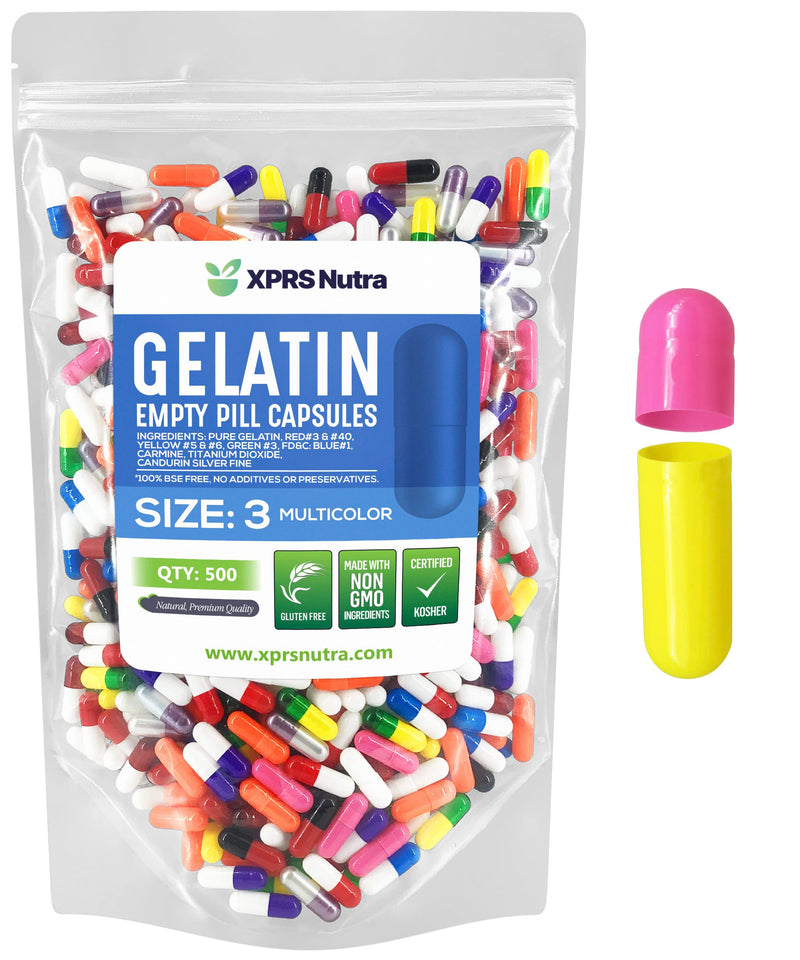 XPRS Nutra Size 3 Empty Capsules - 500 Count Empty Gelatin Capsules - Pills DIY Capsule Filling - Pure Bovine Pill Gel Caps Fillable Do-It-Yourself Vitamins and Supplements (Multi Color) 500 Count (Pack of 1) Multi Color