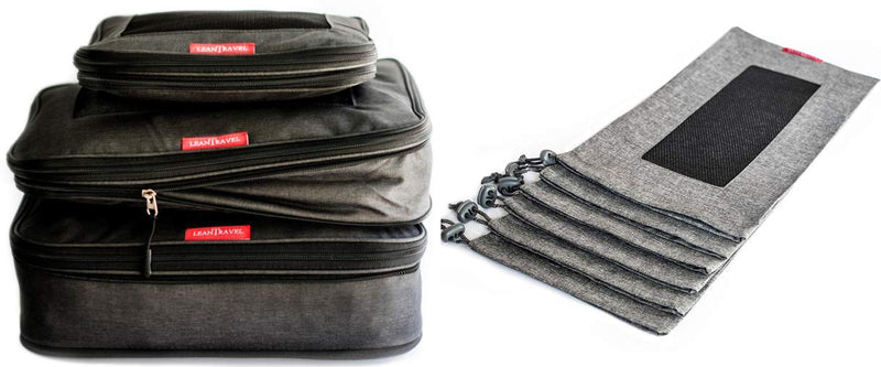 LeanTravel Bundle Compression Packing Cubes Set of 3 Color Black + Shoe bags for Travel Set of 6 - Color Grey