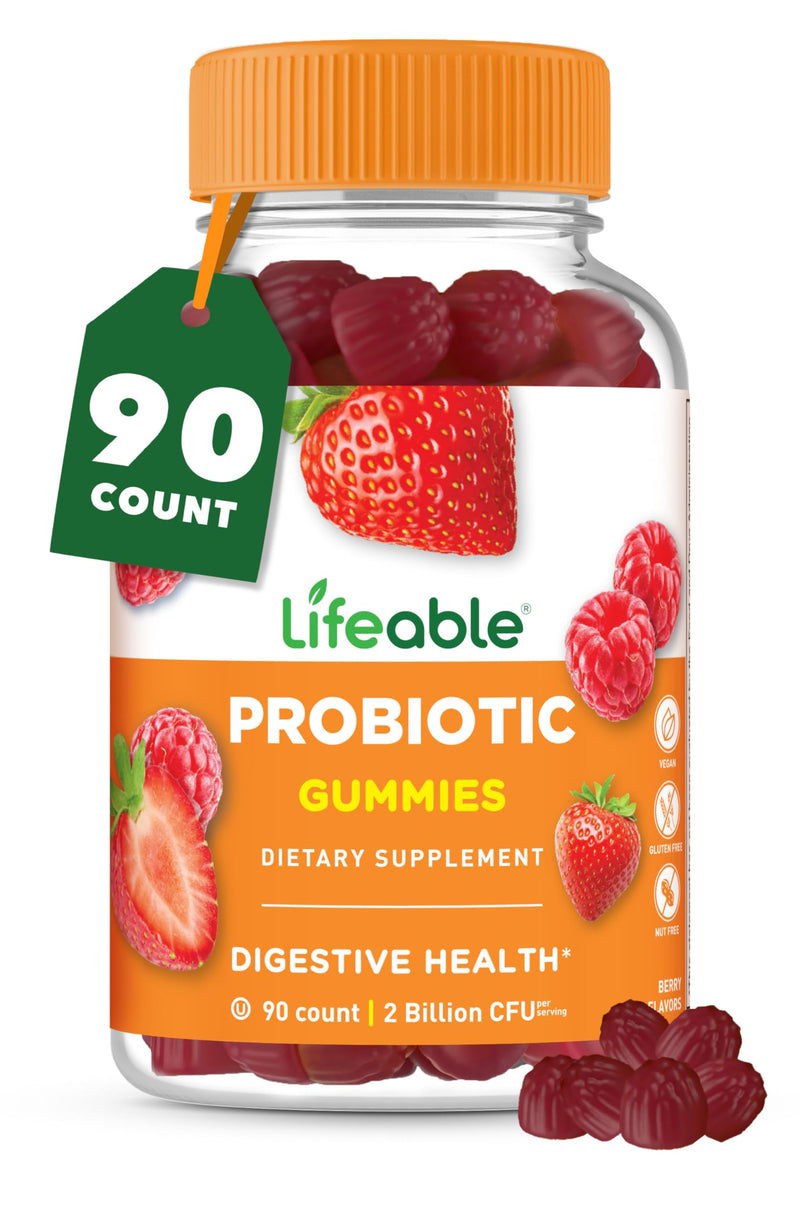 Lifeable Probiotic Gummies for Women and Men, with Prebiotics, 90 Gummies | Daily digestive and immune support, 2 billion CFU per serving, shelf stable with no refrigeration, vegan, kosher and halal