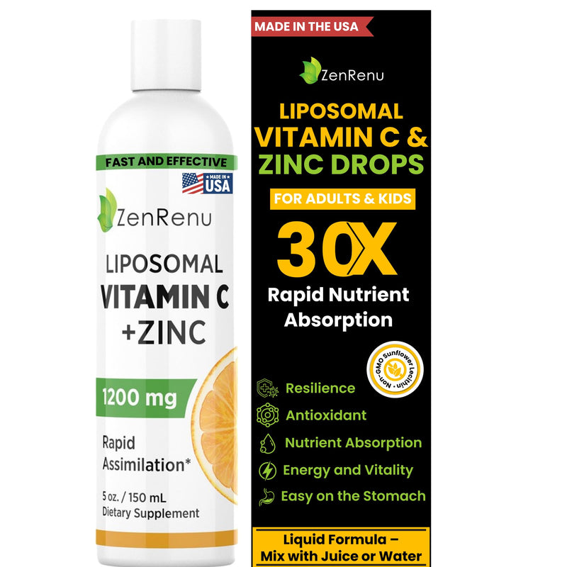 Liposomal Vitamin C and Zinc Liquid Drink for Adults & Kids - Non GMO Sunflower Lecithin - Max Antioxidant & Immune Support, 5 oz / 150 ml