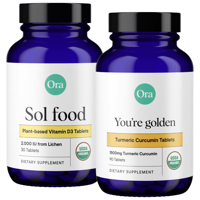 Ora Organic Vitamin D3 2000IU & Turmeric Curcumin Bundle: Vegan Vitamin D from Lichen for Bone Health, 30 Vegan Tablets + Pure Turmeric and Black Pepper Extract - 90 Tablets