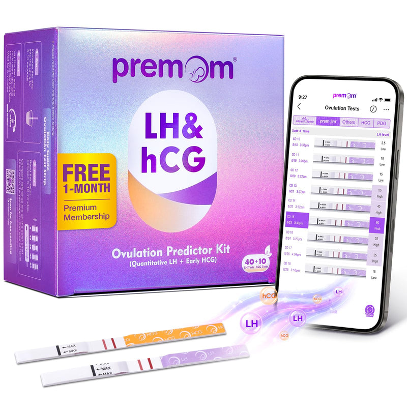 Premom Quantitative Ovulation Predictor Kit for Women | 40 Ovulation Test Strips with Numerical LH Range 0-65 mIU/mL, 10 Pregnancy Test Strips, Premom App Tracking LH Changes 50 Piece Set