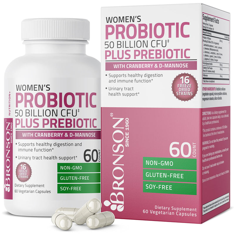 [Australia] - Bronson Women's Probiotic 50 Billion CFU + Prebiotic with Cranberry & D-Mannose – Vaginal Health, Healthy Digestion, Immune Function and Urinary Tract Support, NON-GMO, 60 Vegetarian Capsules 60 Count (Pack of 1) 