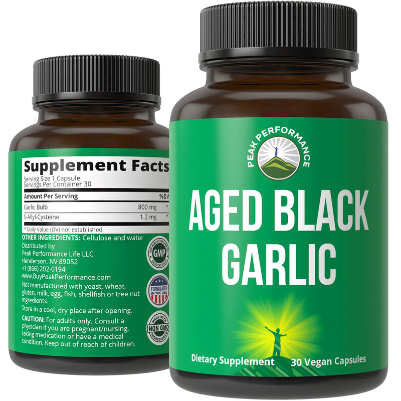 [Australia] - Peak Performance Aged Black Garlic Capsules. Raw Vegan Pure Odorless Extract Supplement Pills for Cholesterol, and Immune Support. from Garlic Bulb with S-Allyl Cysteine and Antioxidants 