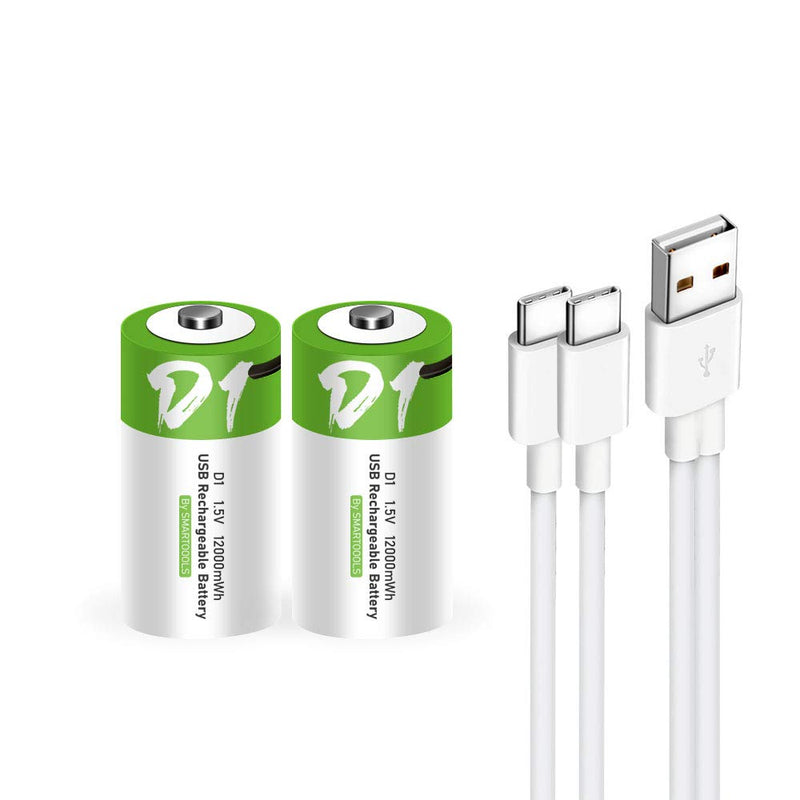 [Australia] - USB D Lithium ion Rechargeable Battery, High Capacity 1.5V 12000mWh Rechargeable D Battery, 4 H Fast Charge, 1200 Cycle with Type C Port Cable, Constant Output,2-Pack 2* D battery 