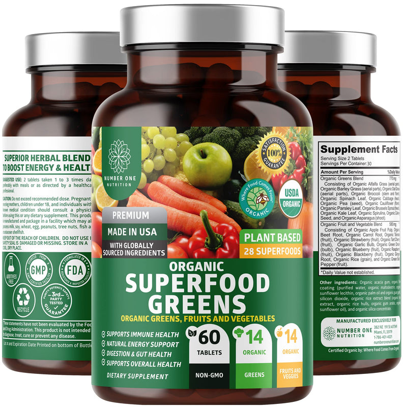 [Australia] - N1N Premium Organic Superfood Greens [28 Powerful Ingredients] Natural Fruit and Veggie Supplement with Alfalfa, Beet Root and Ginger to Boost Energy, Immunity and Gut Health, Made in USA, 60 Ct 