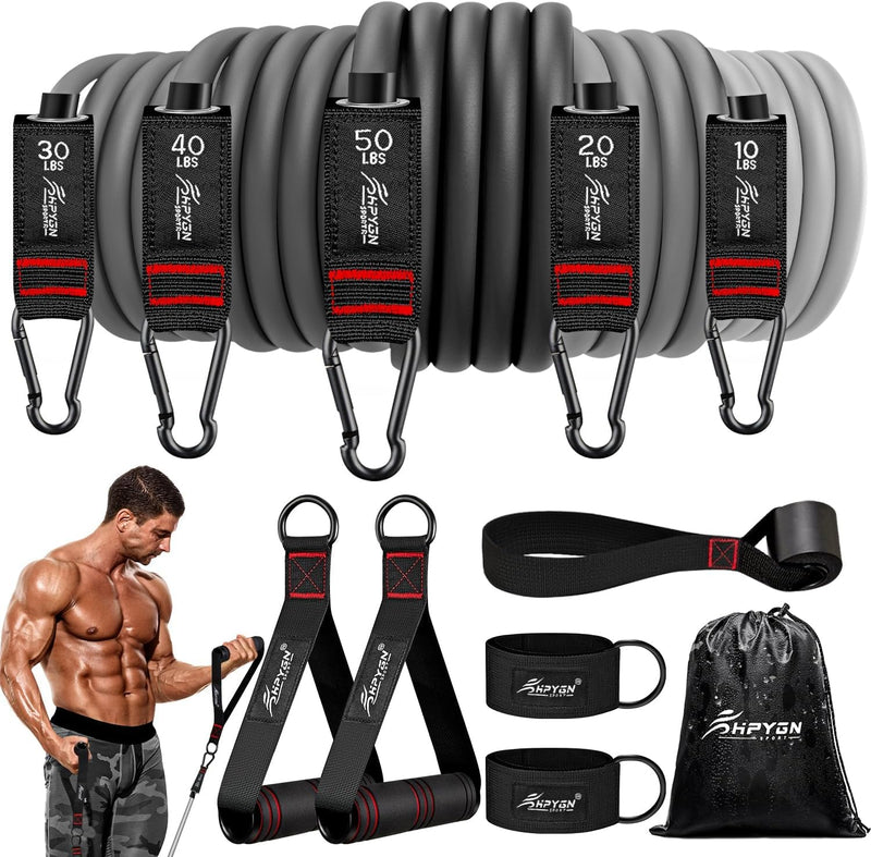 [Australia] - HPYGN Resistance Bands, Exercise Bands with Handles, Fitness Bands, Workout Bands with Door Anchor and Ankle Straps, for Heavy Resistance Training, Physical Therapy, Shape Body, Yoga, Home Workout Set grey 150LBS 