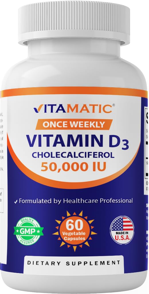 [Australia] - Vitamatic Vitamin D3 50,000 IU (as Cholecalciferol), Once Weekly Dose, 1250 mcg, 60 Veggie Capsules 1 Year Supply, Progressive Formula Helping Vitamin D Deficiencies (60 Count (Pack of 1)) 60 Count (Pack of 1) 