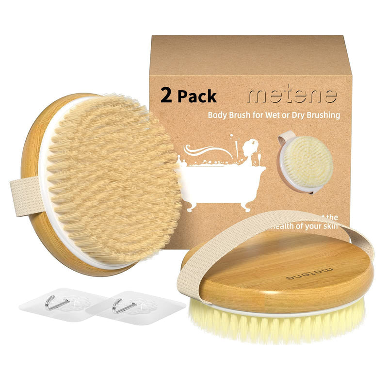 [Australia] - Metene 2 Pack Bamboo Dry Body Brushes, Shower Brush Wet and Dry Brushing, Dry Brush for Cellulite and Lymphatic, Body Scrubber with Soft and Stiff Bristles, Suitable for All Kinds of Skin 