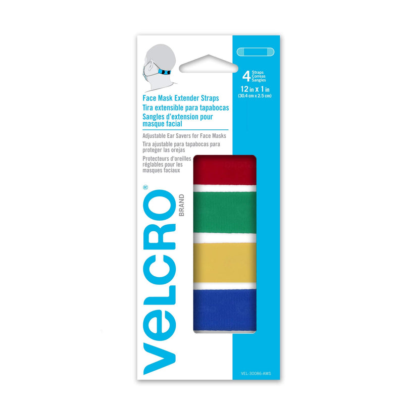 [Australia] - VELCRO Brand Face Mask Extender Straps 4pk Multi-Color, 12” x 1” Comfortable and Adjustable Ear Savers, VEL-30086-USA 