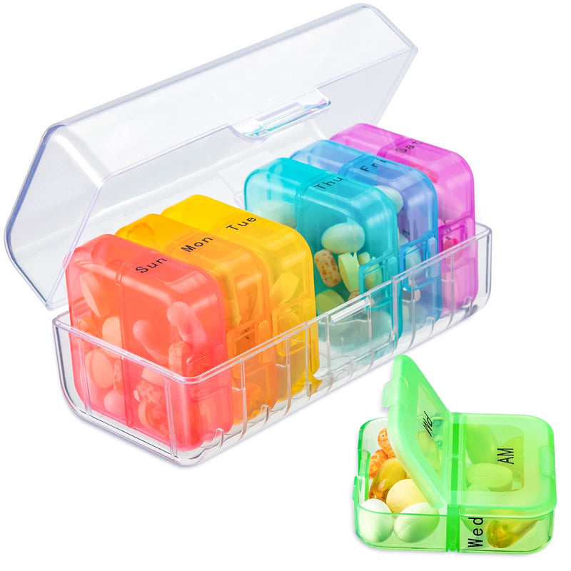 [Australia] - Zoksi Weekly Pill Organizer 2 Times a Day, Rainbow 7 Day Pill Box, Daily Am Pm Pill Organizer, Portable Case for Fish Oils, Vitamin, Supplement A-clear 