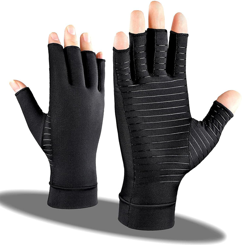 [Australia] - Copper Compression Gloves for Arthritis Pain Relief, Arthritis Gloves for Women and Man, Fingerless Compression Gloves for Rheumatoid, Tendonitis, Swelling (1 Pair,Large) Large (1 Pair) Fingerless-black 