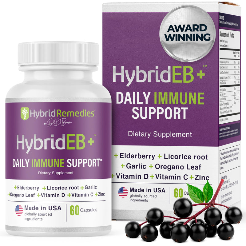 HybridEB Sambucus Elderberry Immune Support Supplement Made in USA, 60 Caps | Black elderberry, vitamin C, D, zinc, full spectrum blend for year-round immunity, pharmacist formulated, vegetarian