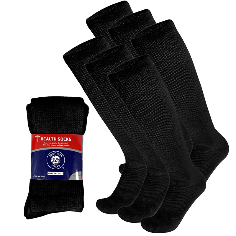[Australia] - 6 Pairs of Diabetic Over The Calf - Knee High Cotton Socks (Black - 6 Pairs, Fit Men's Shoe Size 10-12) Black - 6 Pairs 10-13 