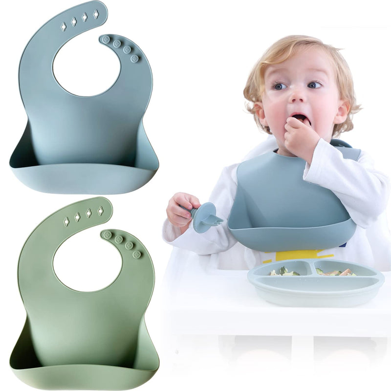 [Australia] - Moonkie Silicone Baby Bibs Set Of 2 | BPA Free Waterproof | Soft Durable Adjustable Silicone Bibs for Babies & Toddlers(Ether/Sage) A-ether/Sage 
