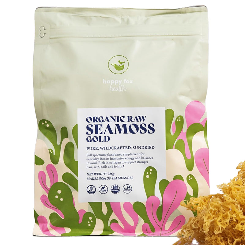 HAPPY FOX Organic Sea Moss Raw Gold Makes 170oz of Seamoss Gel Rich in Vitamins & Minerals, Certified Non-GMO, Wildcrafted, Sundried Superfood - 8oz Bag 8 Ounce (Pack of 1)