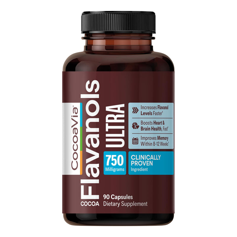 CocoaVia Ultra 750mg Cocoa Flavanols – Heart & Brain Support, Memory & Blood Circulation Booster, High Flavanol Cocoa for Nitric Oxide, Energy & Oxygen Boost, Vegan, Gluten-Free, 30-Day Supply 90 Count (Pack of 1)