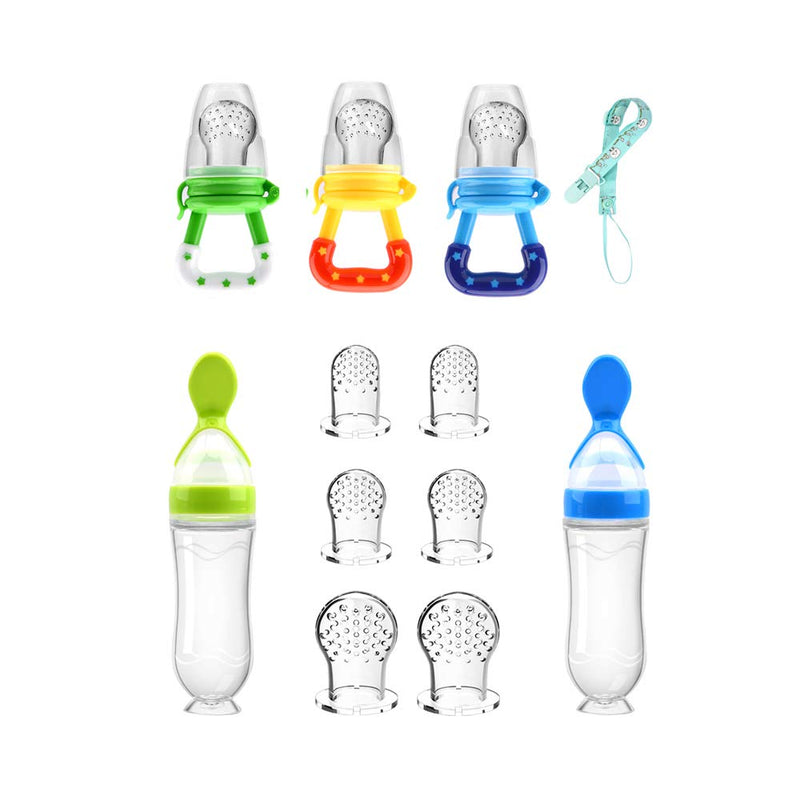 [Australia] - Food Feeder Baby Fruit Pacifier (3 Pcs) with 6 Different Sized Silicone Pacifiers 2 PCS Dispensing Spoon 90ML Spoons Clip Infant Teething Toy -Blue Blue & Green 
