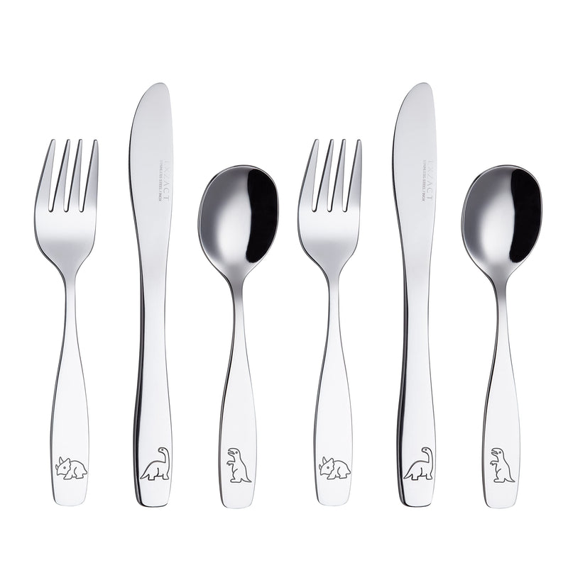 [Australia] - Exzact Kids Flatware 6 Pieces Stainless Steel Children Silverware 2 x Forks, 2 x Knives, 2 x Spoons,Toddler Utensils, Dishwasher Safe, 24 Months+ (Dinosaurs Engraved) 6 Piece Set Dinosaurs x 6 