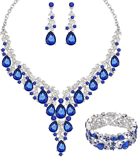[Australia] - 4 Pcs/Set Austrian Crystal Necklace Earrings Bracelet Ring Bridal Jewelry Sets for Brides Wedding Party Costume Accessories Gifts for Women white gold plated-royal blue 