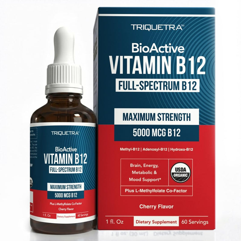 BioActive Vitamin B12 5000 mcg | 3 BioActive Forms Plus Methylfolate Cofactor - Methylcobalamin, Adenosyl & Hydroxy | Sublingual Liquid Drops, Berry Flavor, Organic, Non-GMO, Vegan (1 oz) 1 Fl Oz (Pack of 1)