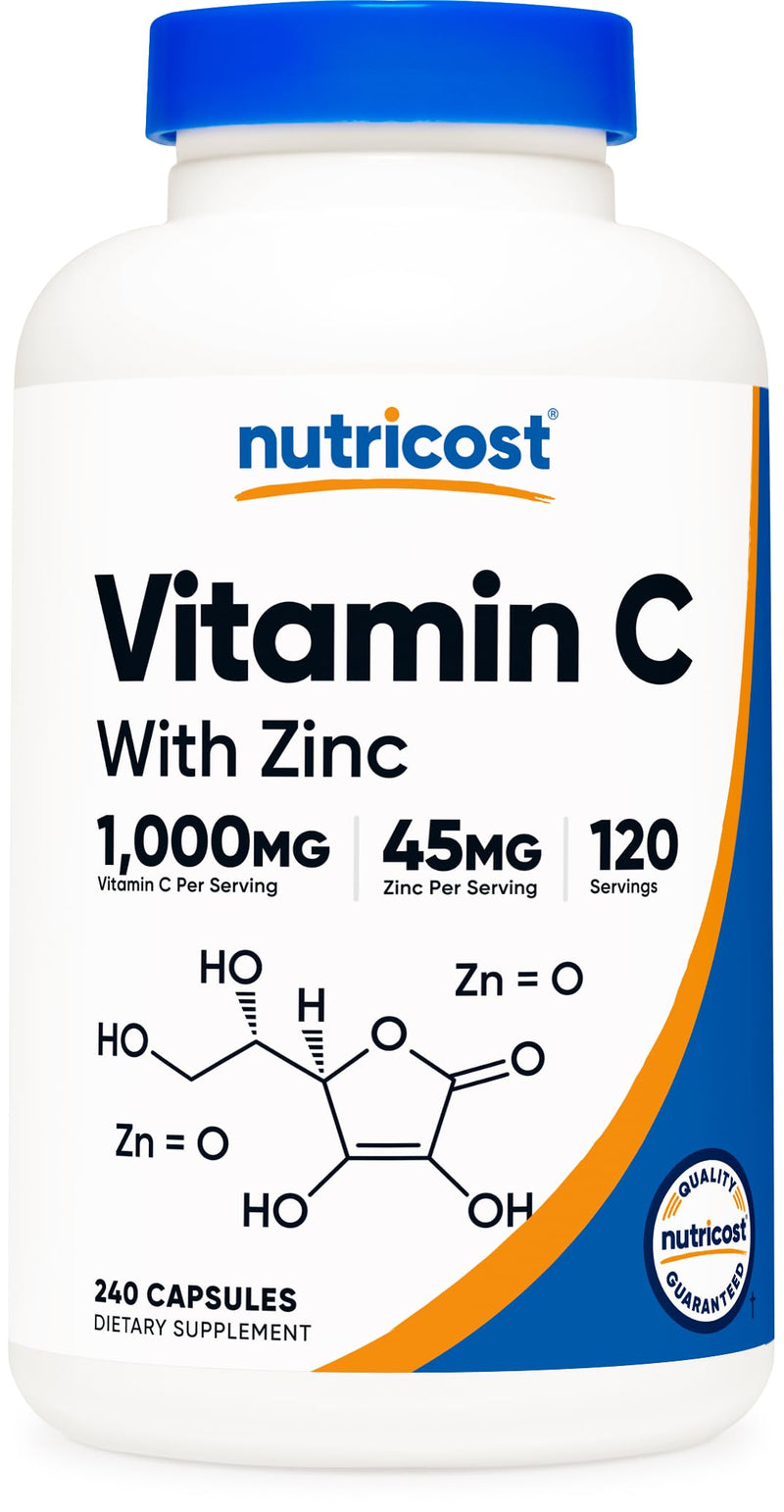 [Australia] - Nutricost Vitamin C with Zinc Capsules, 120 Servings - 1000mg, 45mg Zinc, Non-GMO, Gluten Free Vitamin C Supplement 120 Count (Pack of 1) 