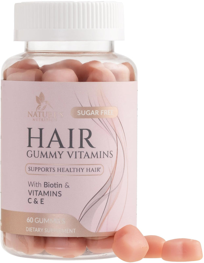 Hair Vitamins Gummies - Sugar Free Hair Growth Support Gummy with Biotin 5000 mcg Per Serving, Vitamin A, B12, C, D, E, Folic Acid - Supports Strong Beautiful Hair and Nails, Vegetarian - 60 Gummies 60 Count (Pack of 1)