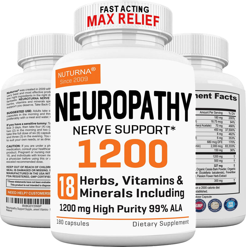 Neuropathy Support Supplement with 1200 mg HP-99 Alpha Lipoic Acid - Max Strength ALA Nerve Formula for Feet Hands Fingers Legs - Ultra Potent 18 in 1 Natural Nerve Vitamins - 180 Capsules 180 Count (Pack of 1)