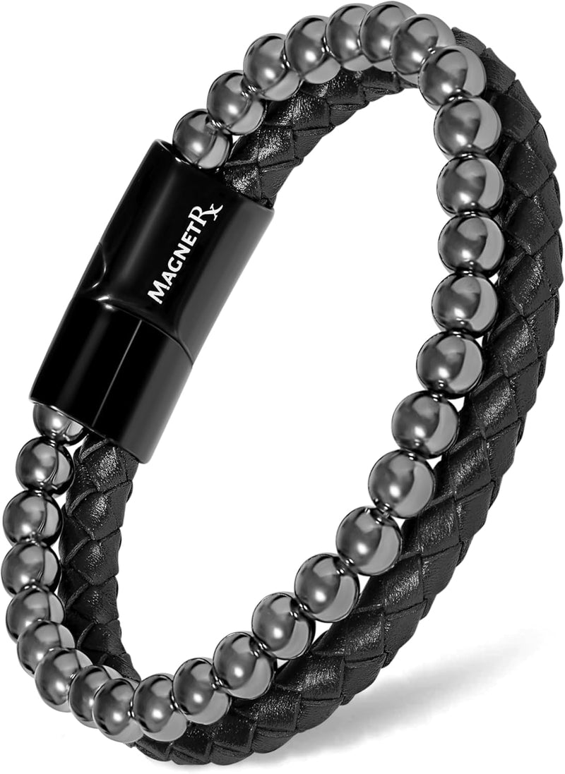 [Australia] - MagnetRX¬Æ Hematite & Leather Magnetic Bracelet ‚Äì Max Strength Natural Stones ‚Äì Beaded Magnetic Hematite Bracelets (Medium) Medium (Pack of 1) Leather Black 