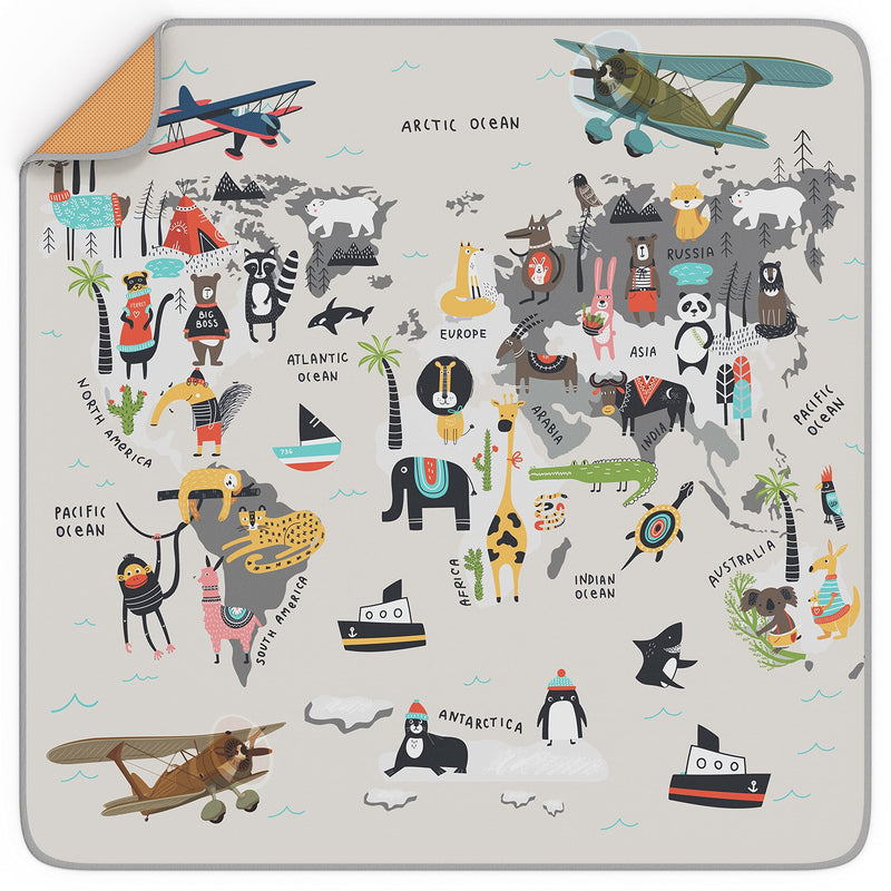 [Australia] - BABYBOET Splat Mat for Baby ‚Äì Under High Chair Floor Mat Protects Wood, Vinyl and Carpet from Spills ‚Äì Waterproof 4 Layer Baby Mat with Anti-Skid Backing Deters Bunching and Sliding (51‚Äù x 51‚Äù) Animals World Map 