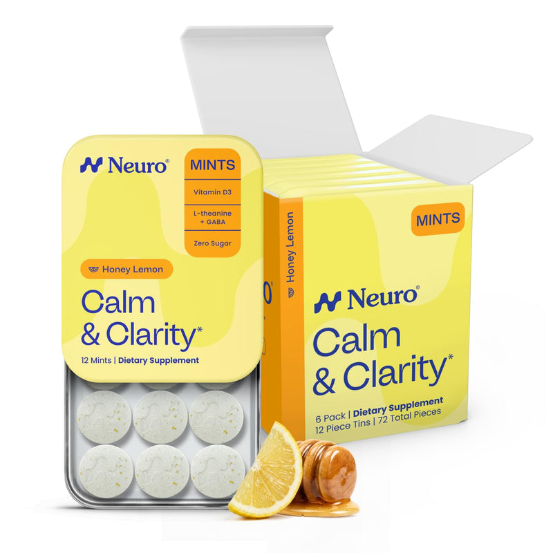 Neuro Calm & Clarity Mints - GABA L-Theanine Stress Supplement with Vitamin D3 - Non-Drowsy, Functional Calming Mints for Mood, Mental Clarity & Cognitive Function - Honey Lemon, 72 ct | Mood & Brain Support, Mental Clarity & Stress Supplement, GABA, L...