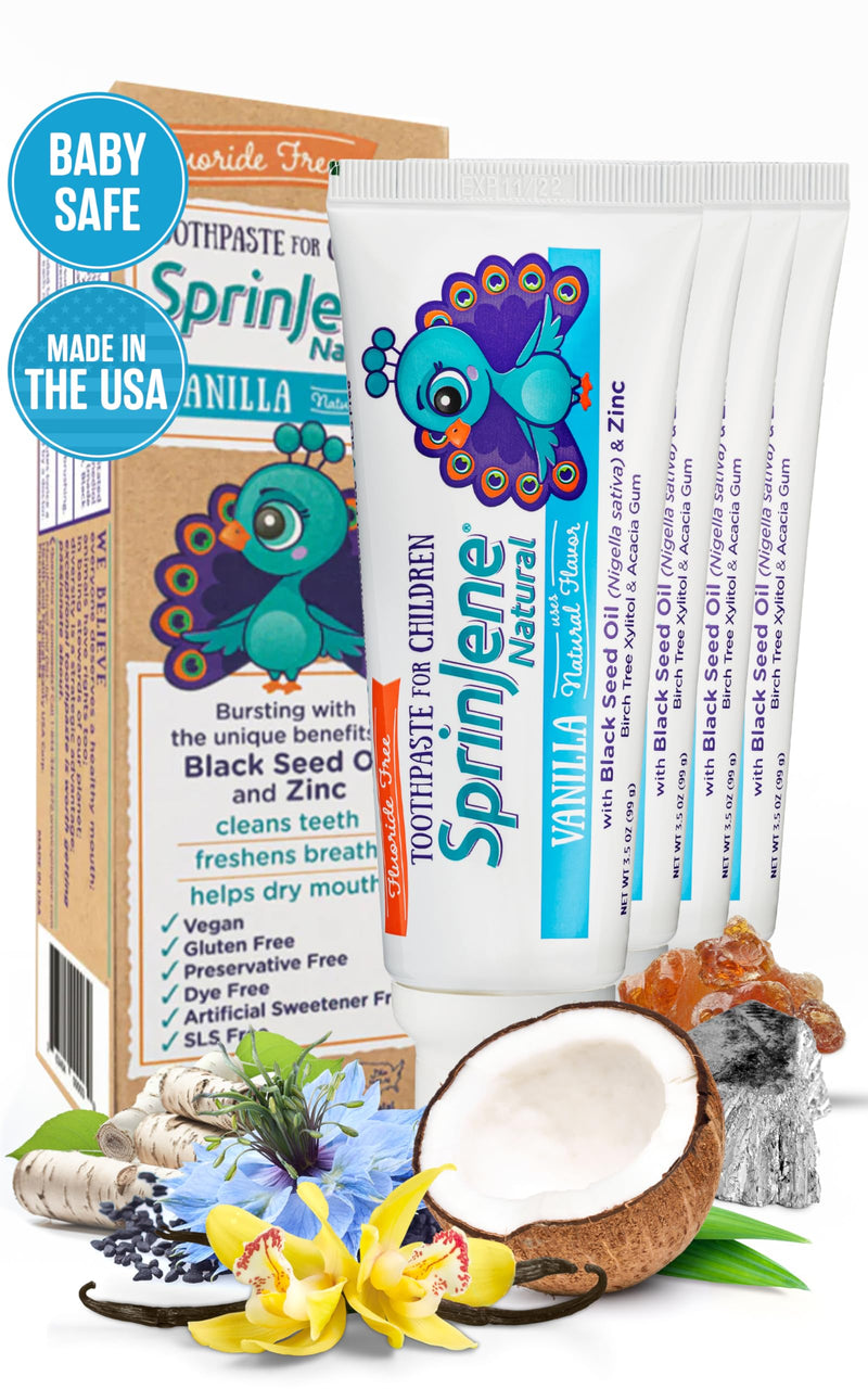 [Australia] - SprinJene Natural Children’s Toothpaste – Fluoride Free Vanilla Toothpaste for Toddlers & Kids – Gentle Safe Natural Formula with Patented Black Seed Oil & Zinc – Made in The USA (4 Pack) Pack of 4 