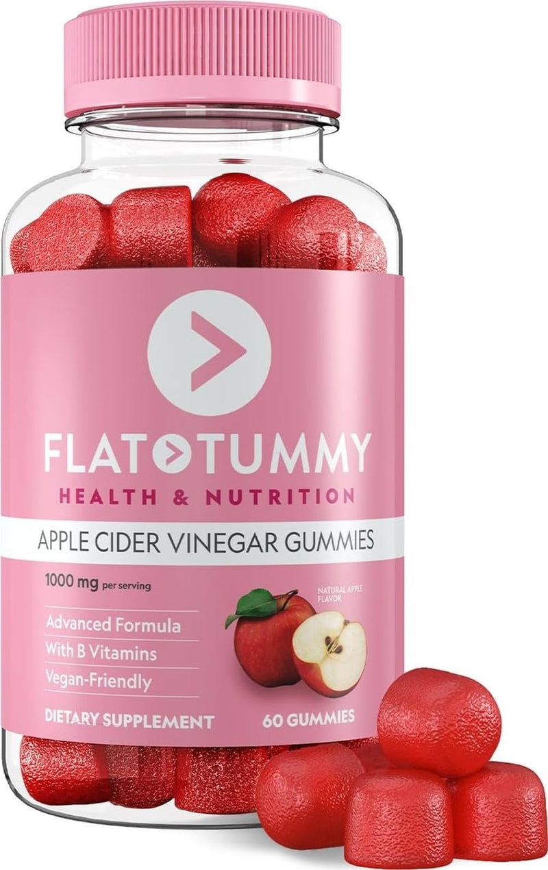 Flat Tummy Apple Cider Vinegar Gummies, 60 Count – ACV Gummies, Detox, Support Gut Health – Vegan-Friendly, Non-GMO - Beet and Pomegranate Superfood Powders, Vitamins B6, B9 & B12 60 Count (Pack of 1)
