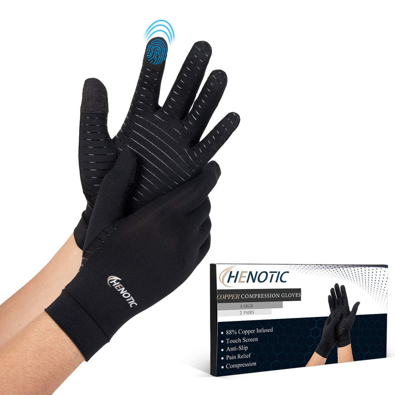 2 Pairs Copper Arthritis Gloves for Women Men, Touch Screen Anti-Slip Arthritis Compression Gloves for Relieving Carpal Tunnel Aches, Rheumatoid Pains, Joint Swell Two Pairs Large: 3 1/8''-3 1/2''