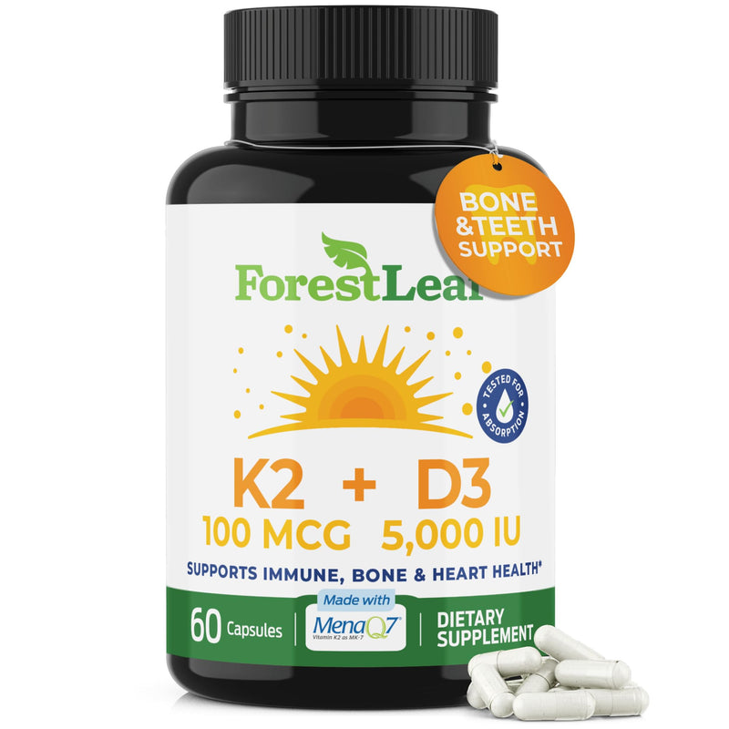 ForestLeaf Vitamin D3 + K2 (MK7) Supplement - MenaQ7 - Calcium and Vitamin D3 5000 IU Max Absorption - Teeth and Bone Strength, Heart Health, Immune System Support - 60 Veggie Capsules 5,000 IU - D3+K2 - 60 Count
