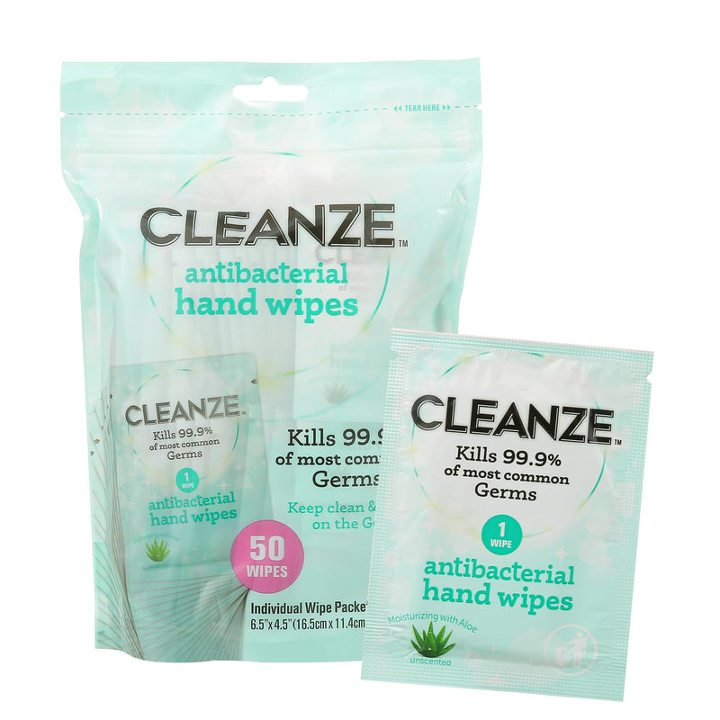 [Australia] - Antibacterial Hand Sanitizing Individual Hand Wipe Packets, 50 Unscented Disinfecting Hand Sanitizer Wipes with Aloe for Travel, Kills 99.9% of Germs 50 Count (Pack of 1) 