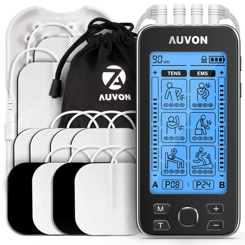 AUVON 4 Outputs TENS Unit Muscle Stimulator for Pain Relief, Large LCD | 24 Modes TENS Machine, Drug-Free Pain Relief Therapy for Shoulders, Lower Back & Muscles, 10 Pcs 2" and 2"x4" TENS Pads