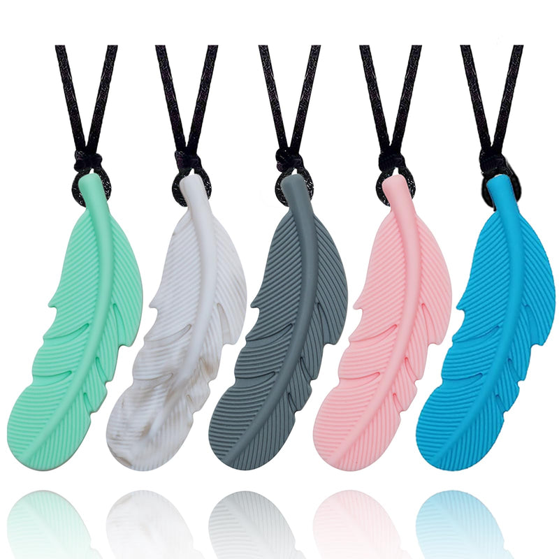 [Australia] - Sensory Chew Necklace for Kids, Boys and Girls, 5 Pack Silicone Feather Chewy Necklaces for Autism, ADHD, Chewing, Oral Motor Chewable Pendant for Mild Chewers 