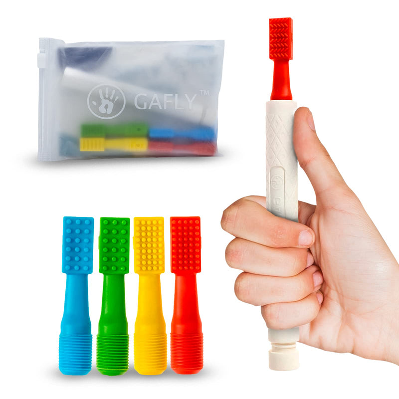 [Australia] - Gafly Therapens Oral Motor Therapy Tools stimulate Speech and Feeding - Chewy Vibe Speech Therapy Toys help Kids with Sensory Needs Chew & Relax - Oral Stimulator Kit includes 4 Tips, Storage Pouch Blue, Red, Green, Yellow 1 Count (Pack of 1) 