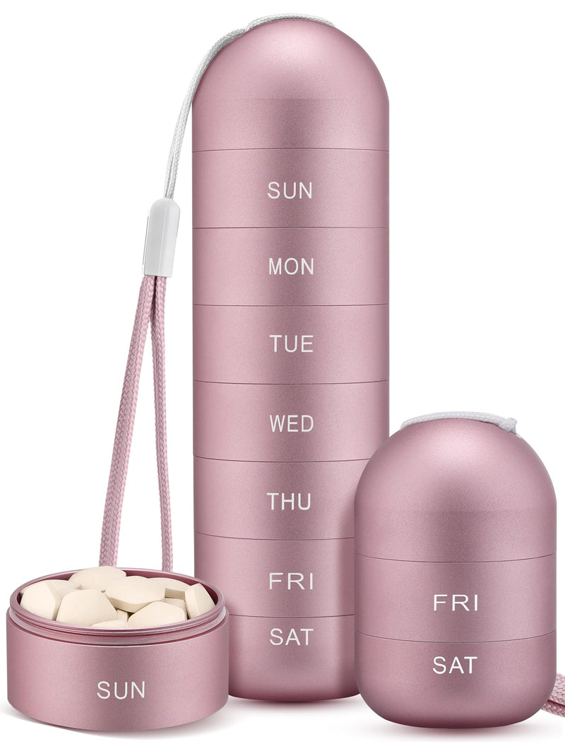 Zannaki Metal Moisture Proof Weekly Pill Organizer, Stackable Aluminum Alloy BPA Free Travel Hiking 7 Day Pill Box Case Waterproof and Large Compartment to Hold Pills, Vitamins, Fish Oil, Supplements Pink