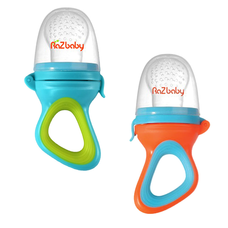 [Australia] - RaZbaby Baby Solids/Frozen Fruit Feeder Pacifier, Infant Teether Toy 6M+, BPA-Free Silicone Pouch & Nipple, Safely Introduce Solids, Teething Relief, Dishwasher Safe, 2-Pack – Orange/Blue + Green/Blue Blue/ Orange 