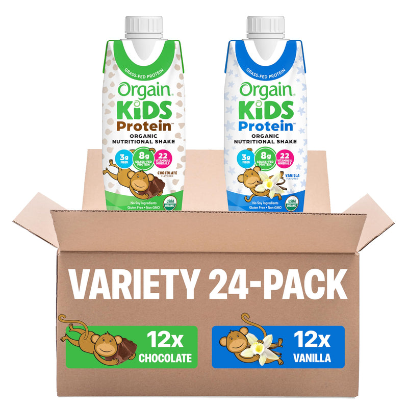 Orgain Organic Kids Nutritional Dairy Protein Shakes Bundle, Chocolate + Vanilla, 8g Protein, 3g Fiber, 22 Vitamins & Minerals, No Soy Ingredients, Gluten Free, Non‑GMO, 8.25 fl oz, Pack of 24 Chocolate & Vanilla Bundle 8.25 Fl Oz (Pack of 24)