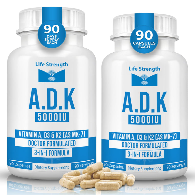 ADK Supplement (90 CT) - Physician Formulated Vitamins A1, D3 & K2 (as MK7) for Bone Health - Immune System Support - Gluten Free, Soy Free, Non-GMO - Pack of 2