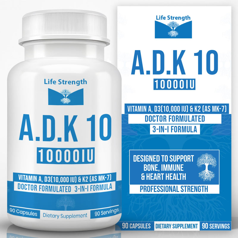 ADK 10 - ADK Vitamin Supplement - 90 Capsules - Maximum Potency Vitamin A, D3 10,000 IU & K2 (MK-7) for Healthy Bone, Heart & Immune Support - Non-GMO, Gluten Free(3-Month Supply) 90 Count (Pack of 1)