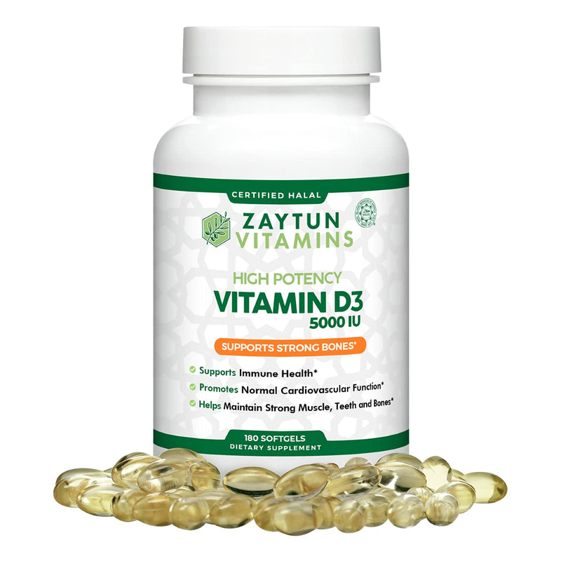 Zaytun Halal Vitamin D3 5000 IU, 6 Months Supply, Supports Bones, Healthy Muscle Function & Immune, Premium Vitamin D from Safflower Oil, Non-GMO, Gluten-Free, 180 Mini Softgels - Made in USA 1