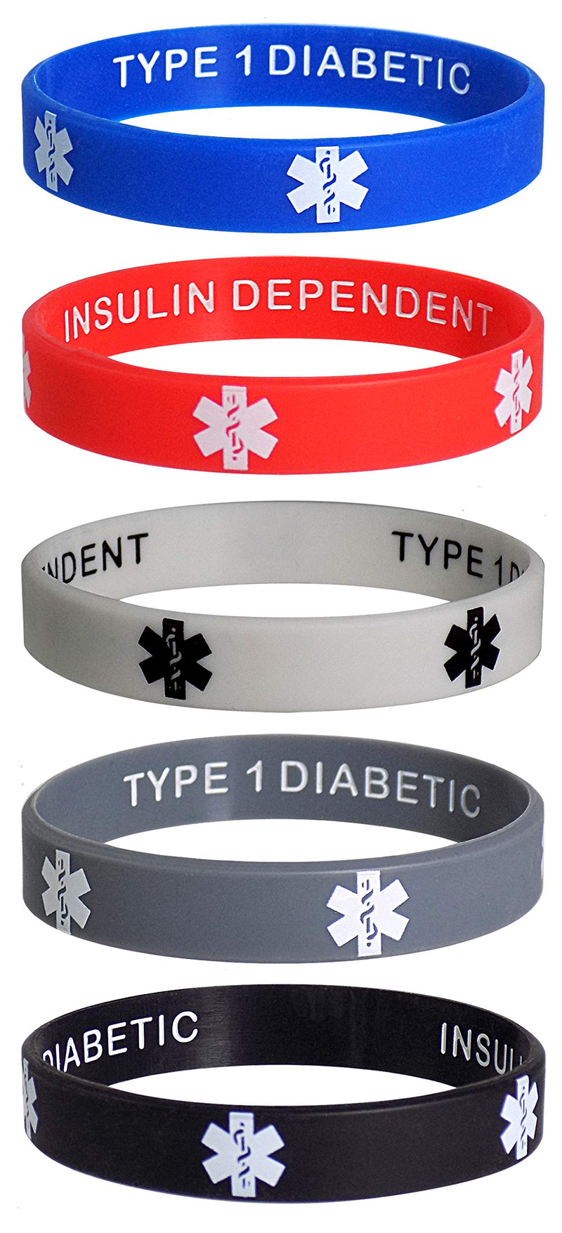 [Australia] - Type 1 Diabetic Insulin Dependent Medical Alert ID Privacy Enhanced Silicone Bracelets Wristbands 5 Pack 