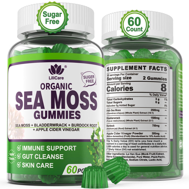 [Australia] - Sea Moss Gummies - Irish Sea Moss Gummies for Adults & Kids - Advanced Superfood Seamoss Supplement with Organic Bladderwrack & Burdock Root ExtractÔºåACV for Daily Immune, Gut Cleanse, Vegan, 60 Counts 60 Count (Pack of 1) 