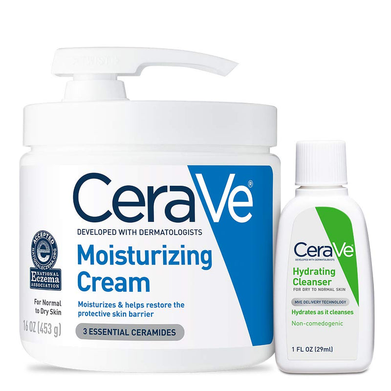 CeraVe Moisturizing Cream & Hydrating Facial Cleanser Set for Dry Skin | Travel Essentials Combo Pack with 1oz Cleanser and 16oz Cream with Pump For Dry Skin Relief
