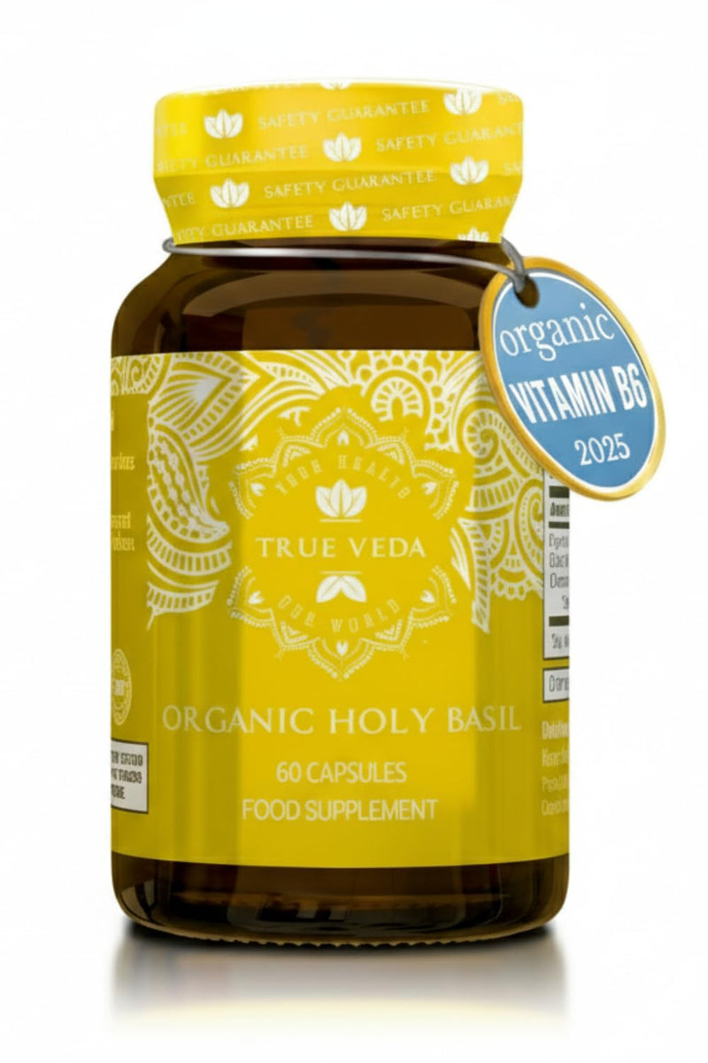USDA Organic Holy Basil Supplement, 15:1 Tulsi, Vitamin B6, 60 Vegan Caps | USDA Certified Organic Supplements| Tulsi Holy Basil Plant Extract 15:1 |2.5% Ursolic Acid| Vitamin B6 |Ayurveda | True Veda 60 Count (Pack of 1)