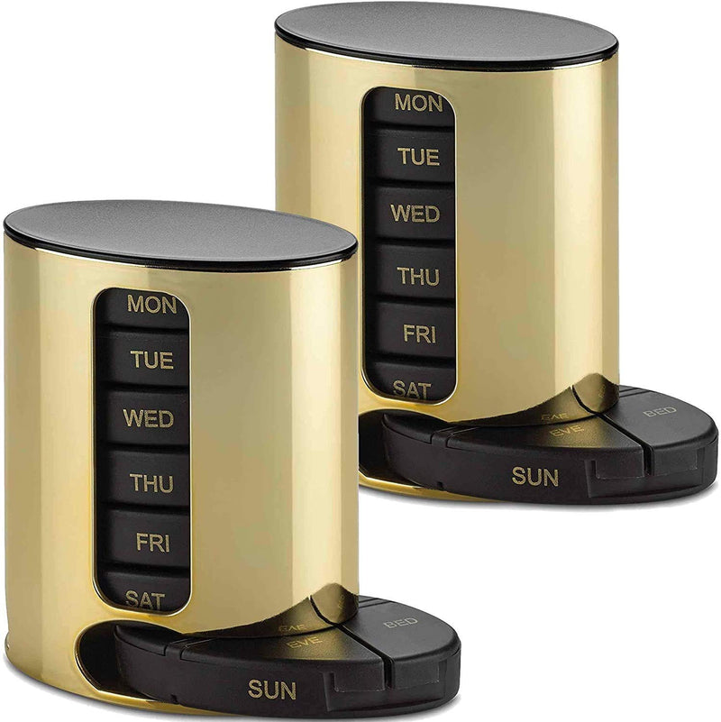 Weekly Pill Organizer - 2Pack - 4 Times-A-Day, Daily Stackable Medication Reminder - Weekly AM/PM Pill Box with 7 Individual Stacking Cases, a Everyday Medicine Organizer for Vitamins, Black & Gold Gold & Black 7 Count (Pack of 2)